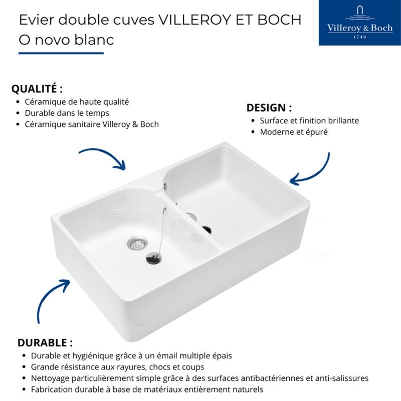 Evier 2 bacs blanc VILLEROY ET BOCH O Novo 22 x 79,5 x 51 cm avec trop-plein - 3