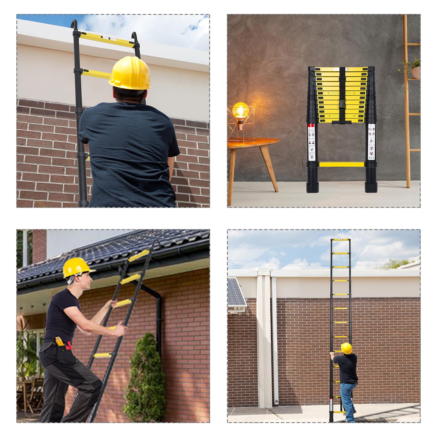 Échelle télescopique avec crochet escabeau noir+jaune Portable Pliante 3,2m - 5