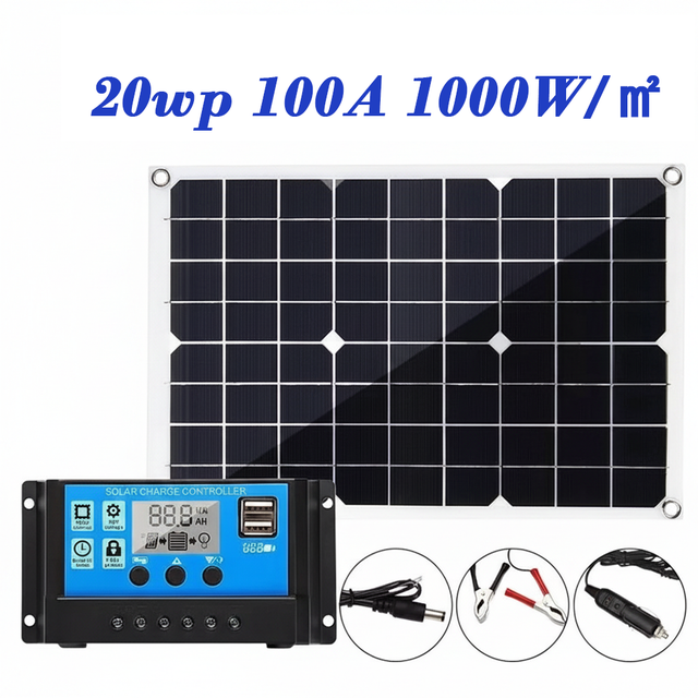 Kit painel solar flexível portátil 20Wp 100A Regulador de carga de bateria Acessórios de conexão completos