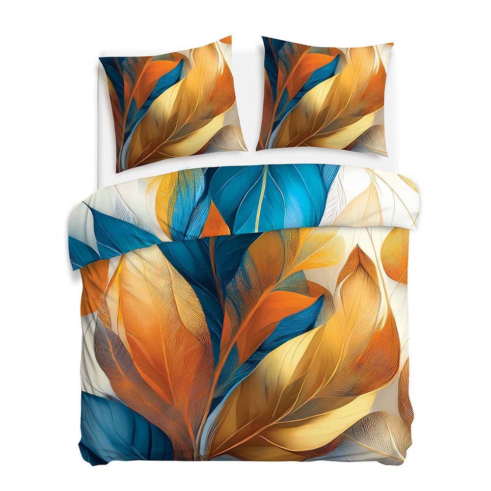 Pościel satyna bawełniana 160x200 Aurelia w złote i niebieskie liście, Satynlove Premium - Darymex