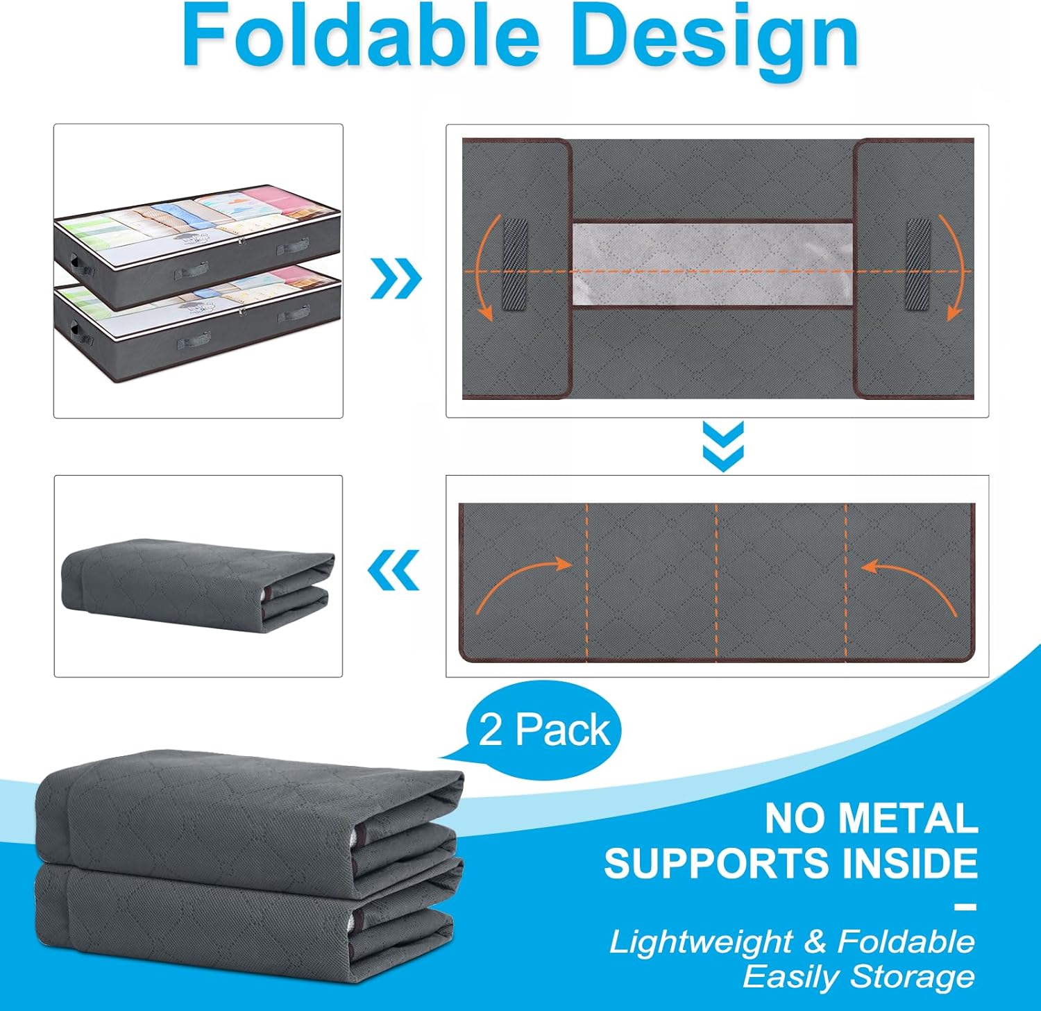 Pacote com 2 caixas de armazenamento de 90L, organizadores de guarda-roupa, bolsas de armazenamento dobráveis para cobertores, roupas, edredons, cinz - 5