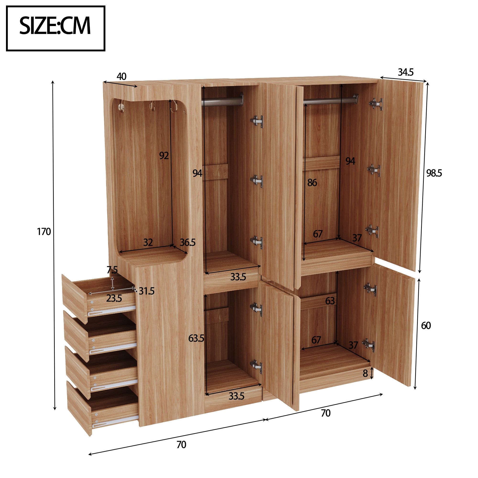 Szafa 140x40x170 cm - z 4 szufladami - z przegródkami do przechowywania - z frontami - kolor naturalny - 5