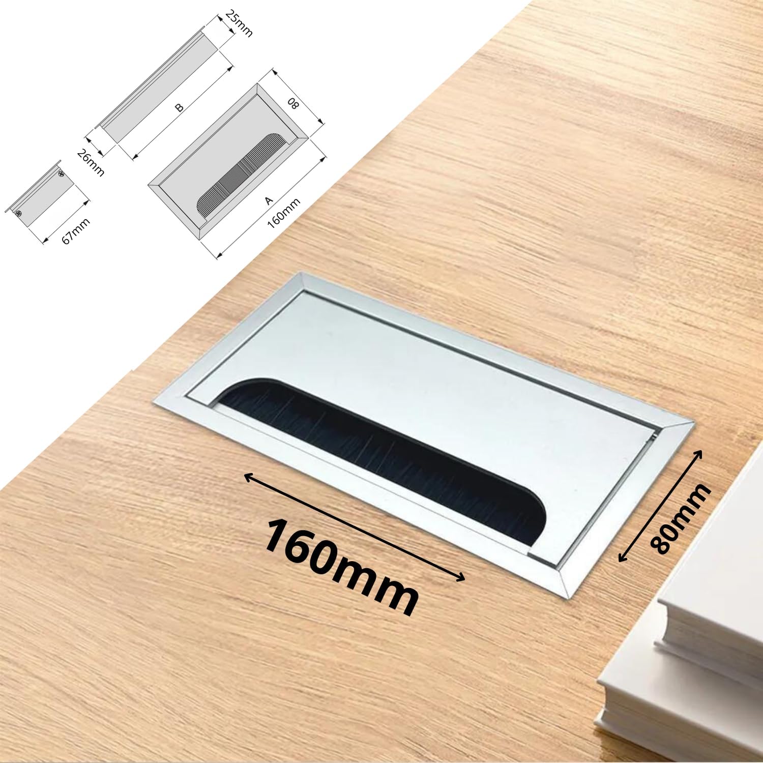 Passacavi per Scrivania in Alluminio Rettangolare per Casa,Ufficio, Camera, Soggiorno, Studio o Scuola Organizzatore Cavi Computer (80x160mm) - 3