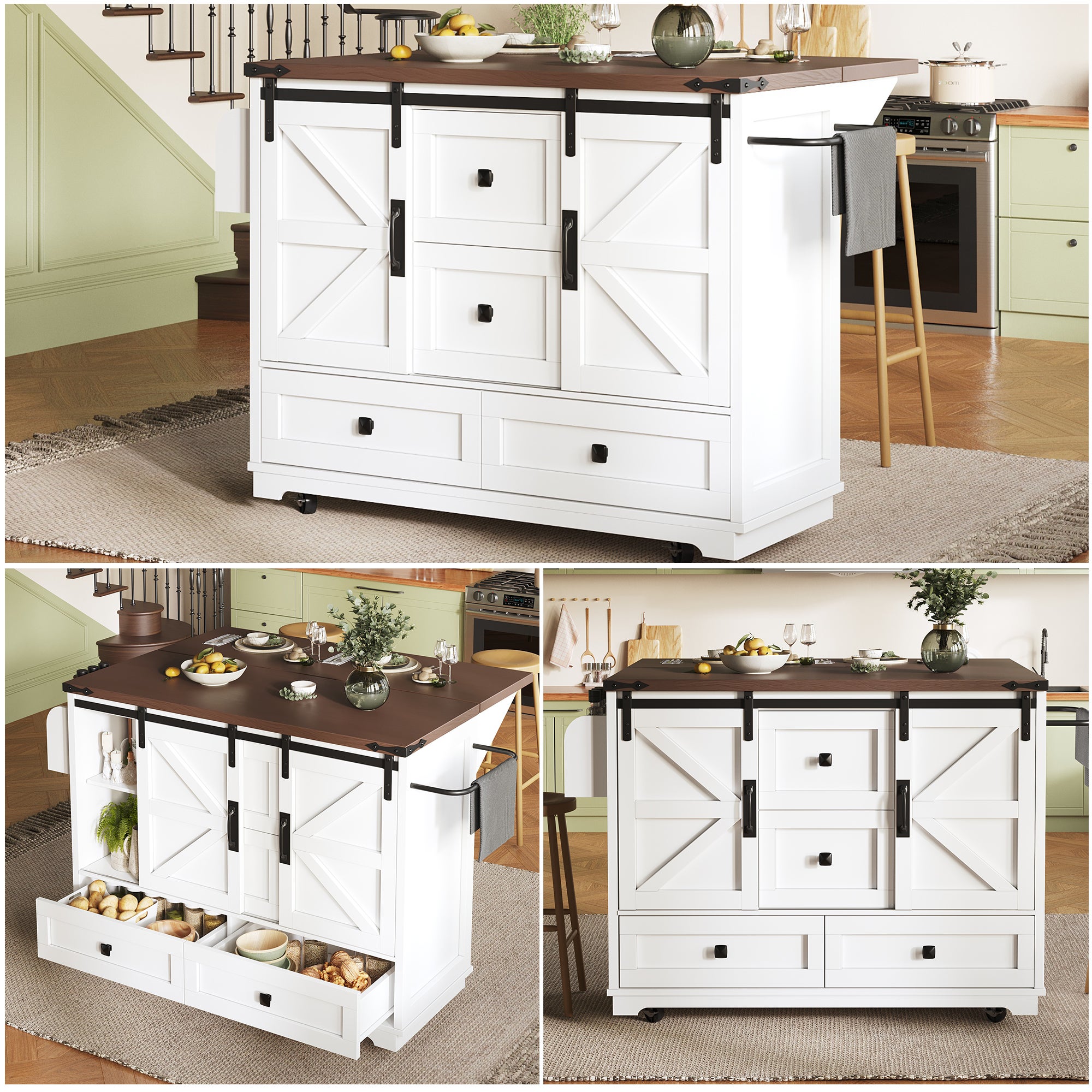 Mobilna wyspa kuchenna z rozkładanym stołem - 2 drzwi przesuwnych i 4 szuflady - 142,5 x 45/73 x 92,5 cm - MDF - Biała