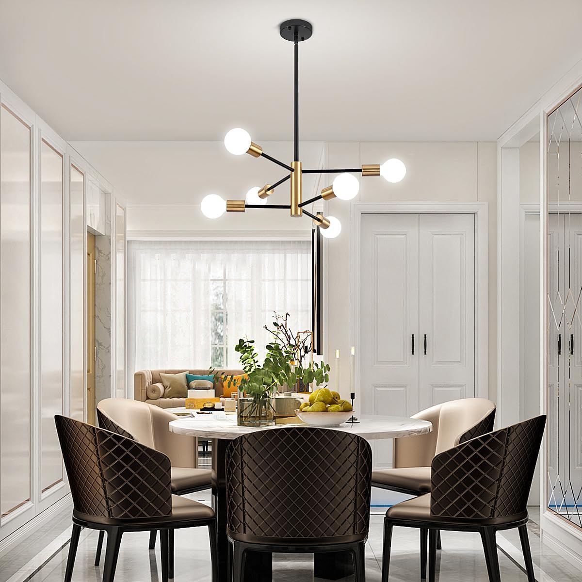 Nowoczesny żyrandol Sputnik, 6-punktowa lampa sufitowa w stylu Mid-Century, lampa wisząca w stylu retro industrialnym, żyrandol (bez białej żarówki) - 8