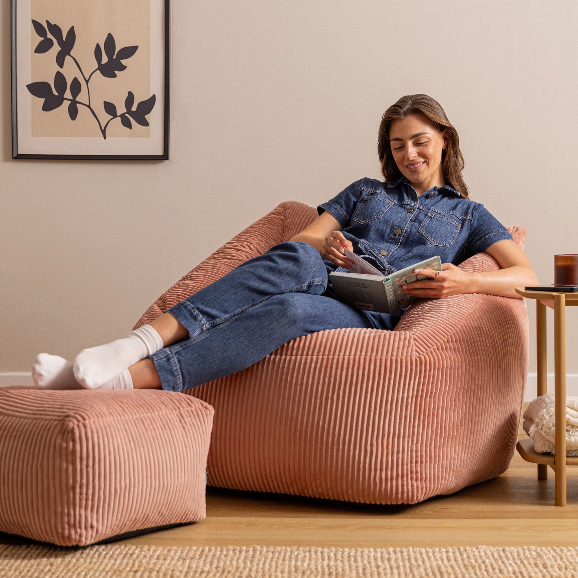 Pouf fauteuil salon avec repose-pied carré Icon velours côtelé rose aube 97x84cm Oeko-Tex® - 3