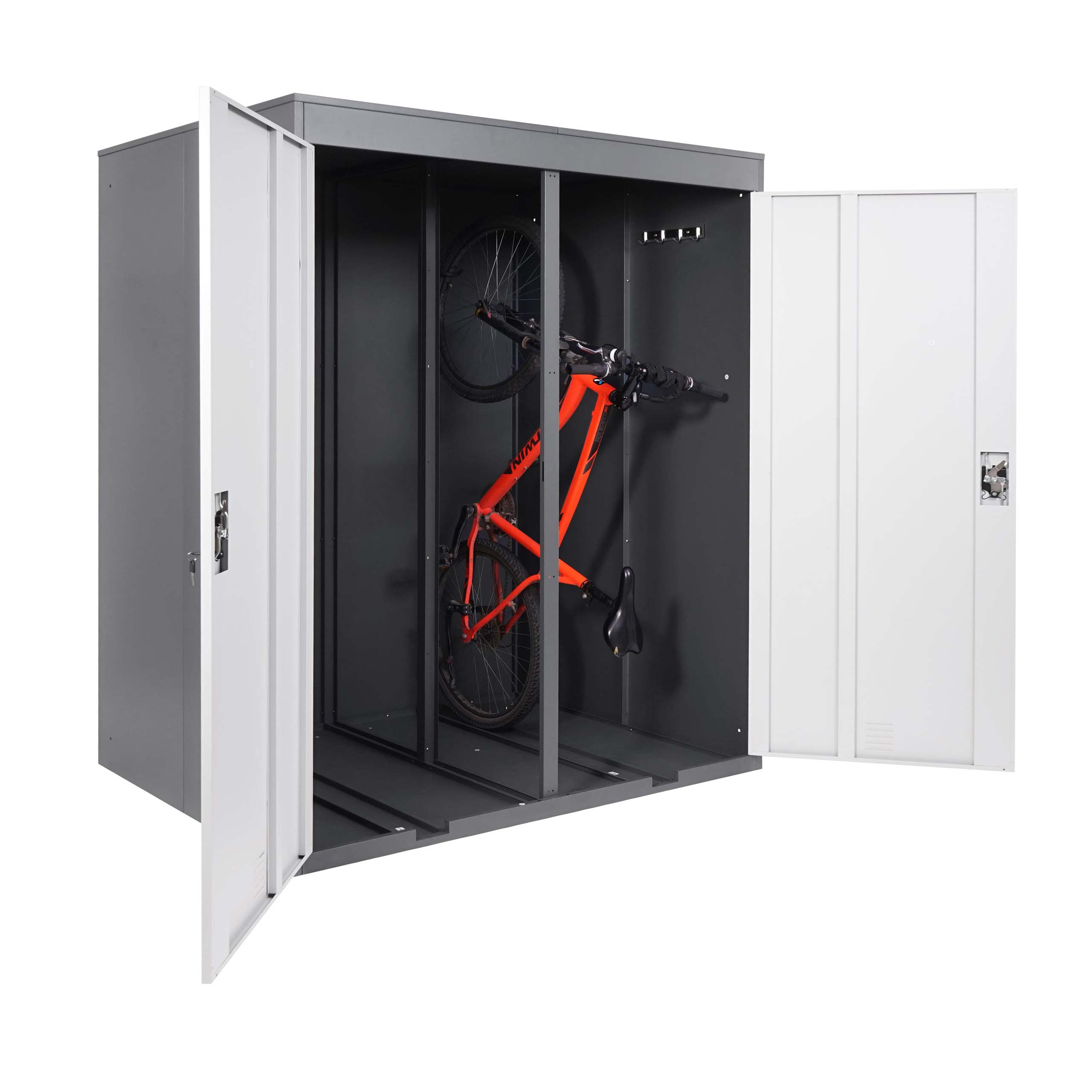Garage Armadio Per Biciclette HWC-H66 Con Serratura, Doppio Box In Metallo Verniciato Grigio Chiaro, Porta Due Bici - 5