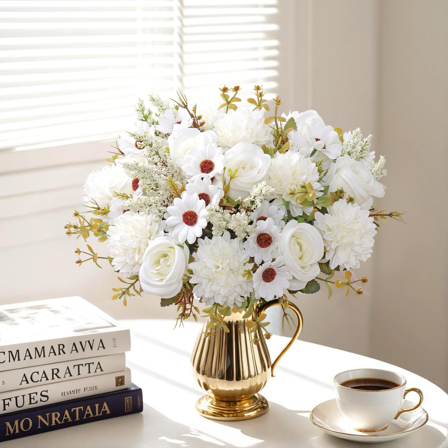 Lot de 4 bouquets de roses artificielles, 33 cm, roses en soie réalistes, pour décoration de table, cuisine, maison, blanc - 4