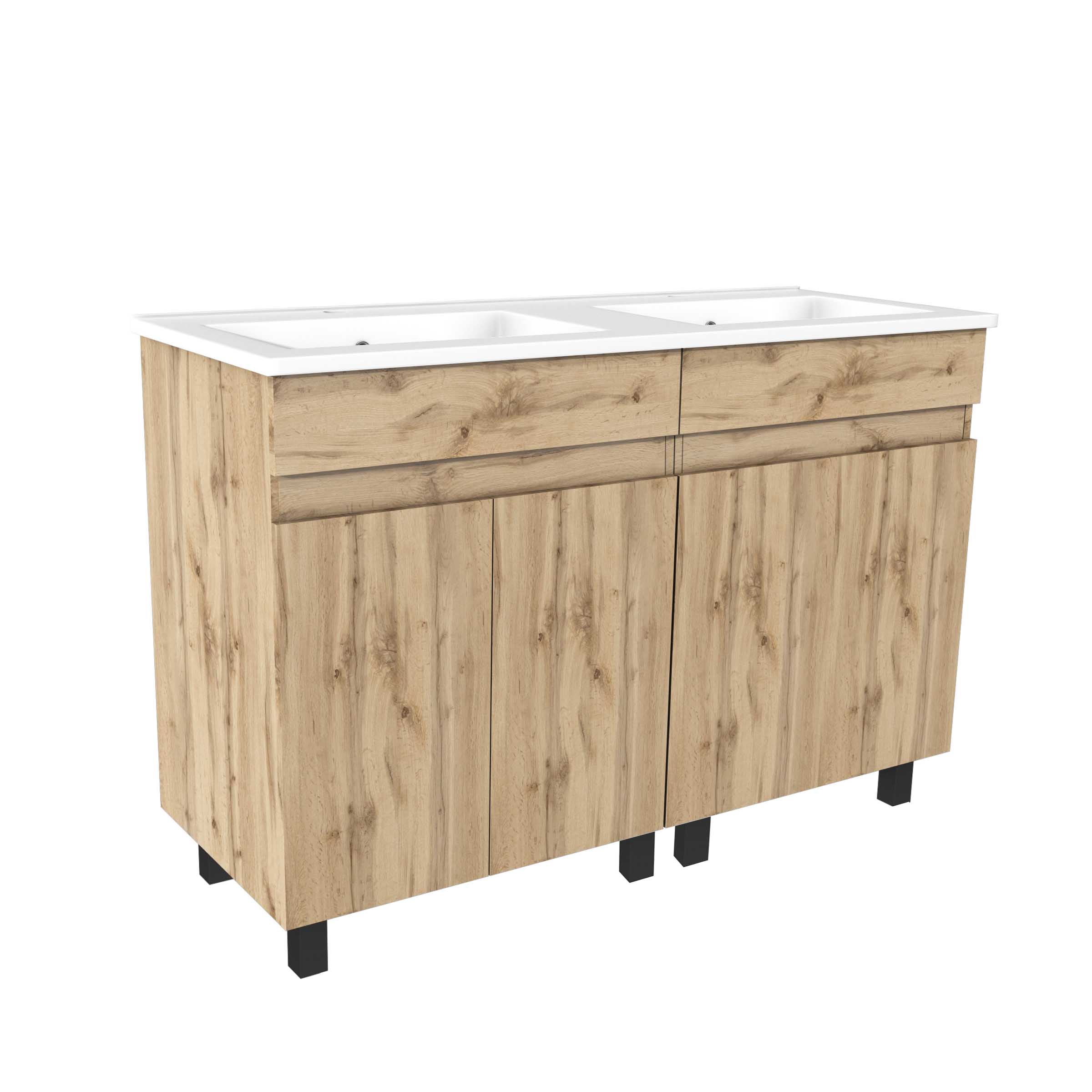 Meuble de salle de bains 120cm 4 Portes_Chêne Naturel + Vasque céramique blanche - TIMBER 120 - 3