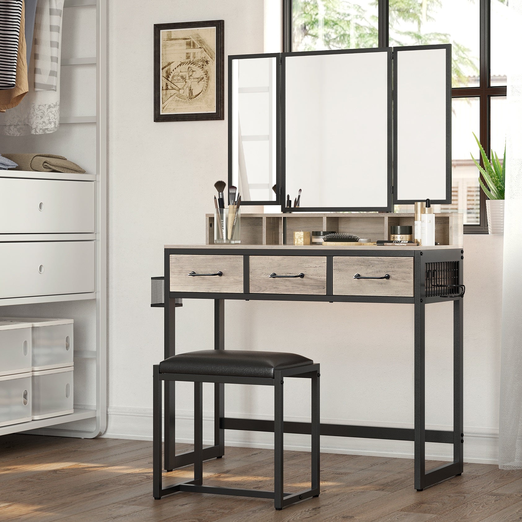 Coiffeuse avec Tabouret, 3 Miroirs, 3 Tiroirs, Porte-Sèche-Cheveux ...