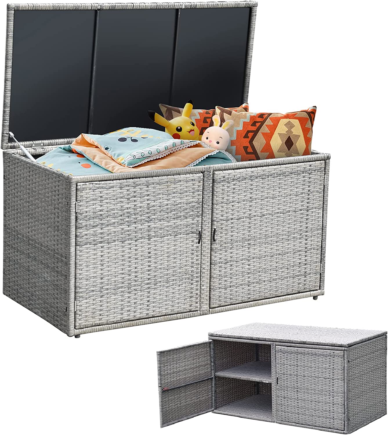 Skrzynia na poduszki rattanowe, pojemność 333 l, skrzynia na poduszki z podwójnymi drzwiami, ławka do siedzenia, odporna na warunki atmosferyczne,