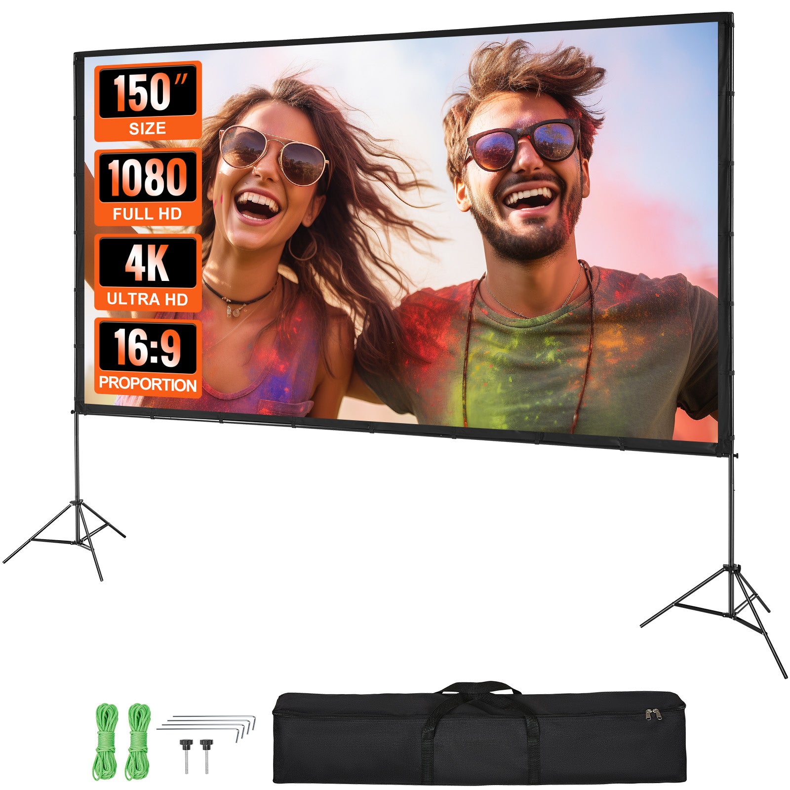 Ekran projekcyjny ze stojakiem 150 cali HD 4K zewnętrzny ekran projektora do wnętrz Szybko składany przenośny ekran filmowy 16:9 do kina domoweg VEVOR