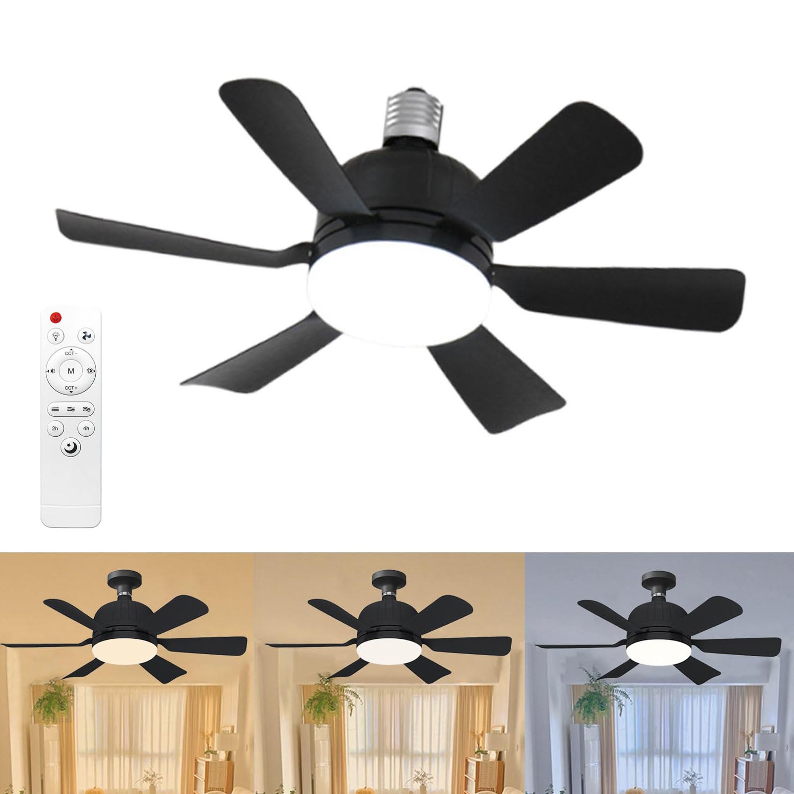 Wentylator sufitowy 46 cm z pilotem, złącze E27, 3 prędkości wiatru, 3-kolorowe ciągłe ściemnianie, odpowiedni do salonów, czarny