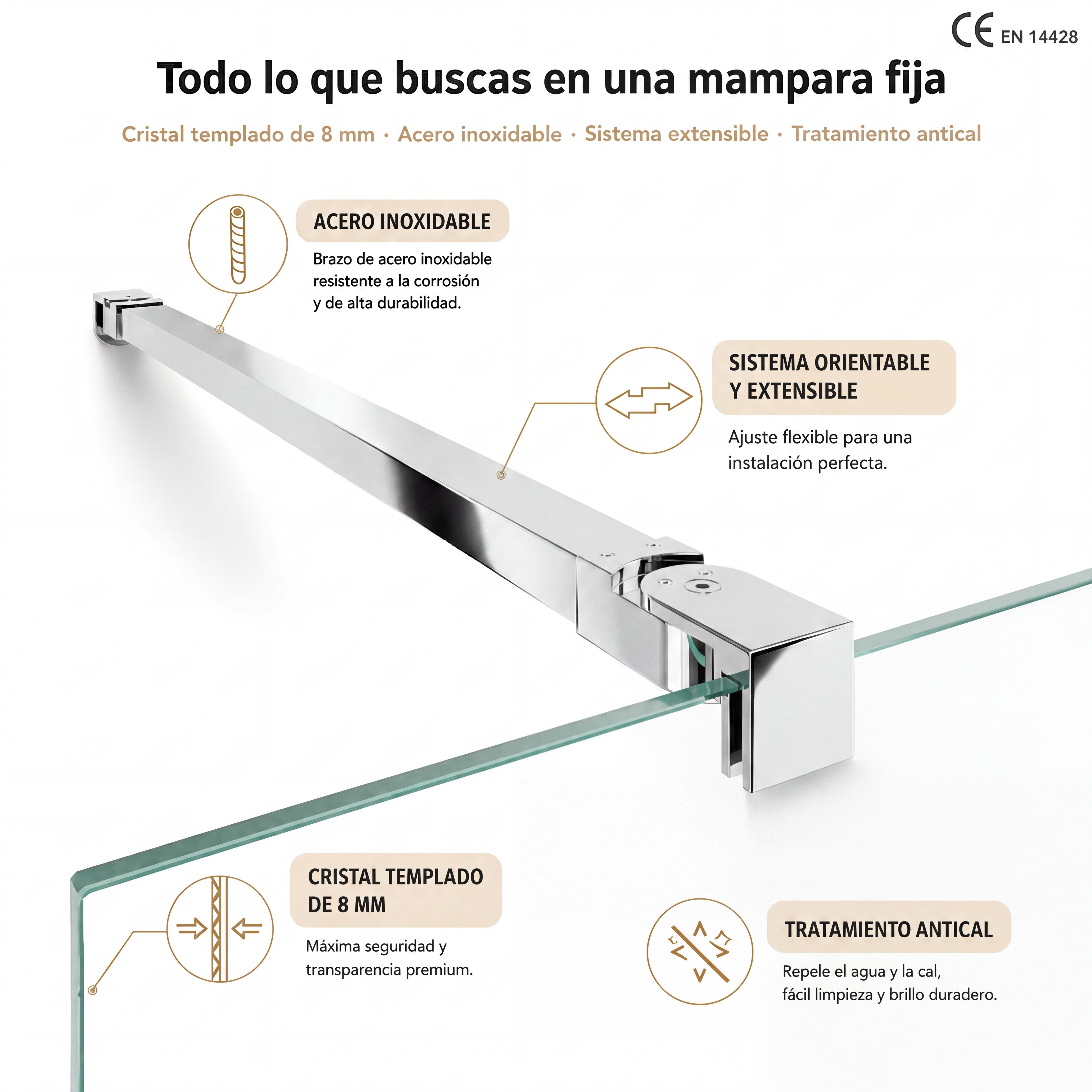NEBADOON | Mampara de Ducha Fija transparente con Cristal templado 8mm Antical - Mampara fija con Perfilería Plata Brillo 100cm (Ancho) x 200cm (Alto) - 4