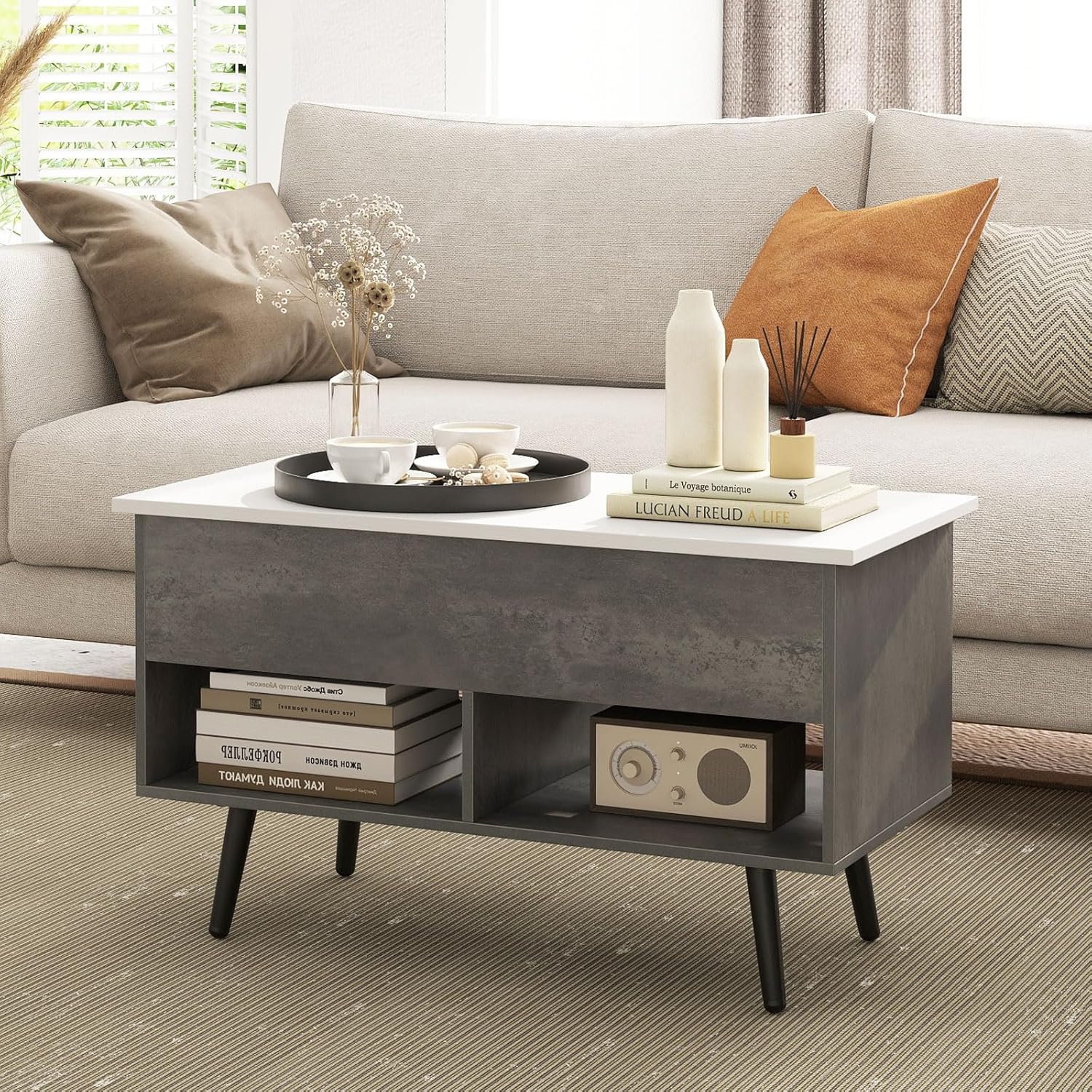 Tavolino Salotto Sollevabile in Legno, Tavolino da Caffè con Scomparto Nascosto e 2 Scaffali Aperti, Tavolino Basso e Modern per Soggiorno, Sa - 7