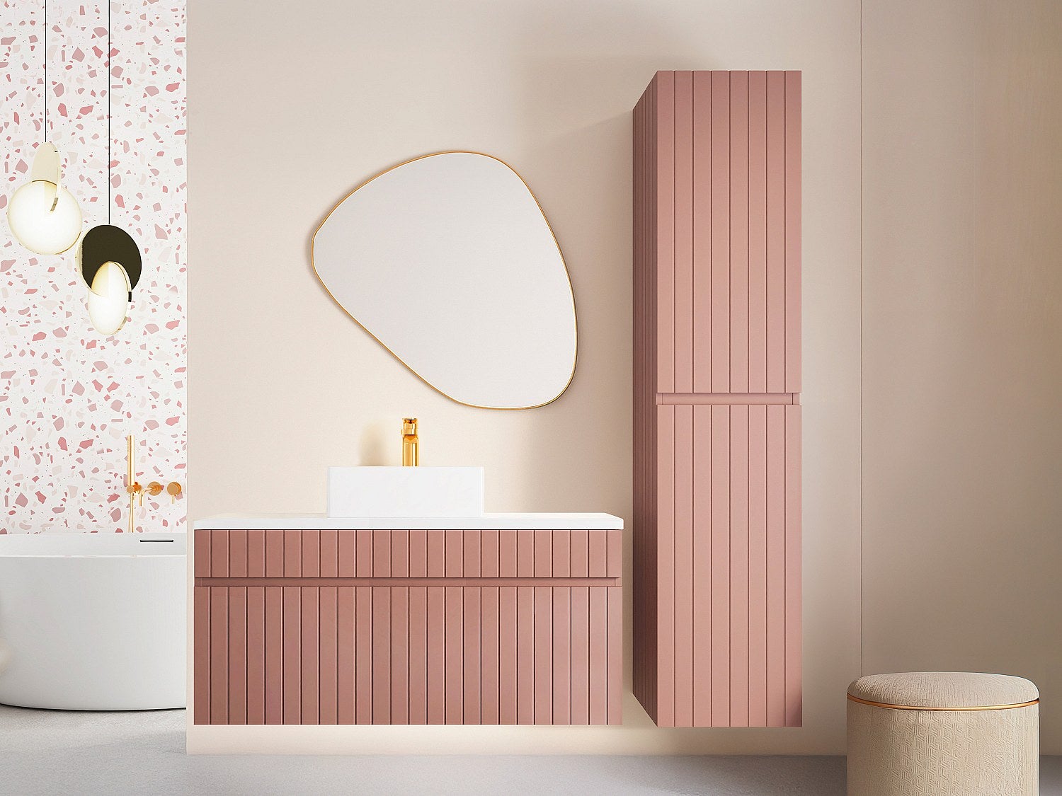 Wisząca szafka łazienkowa w kolorze różowym z prążkowaną fakturą, z umywalką nablatową i słupkiem – 100 cm – SATARA