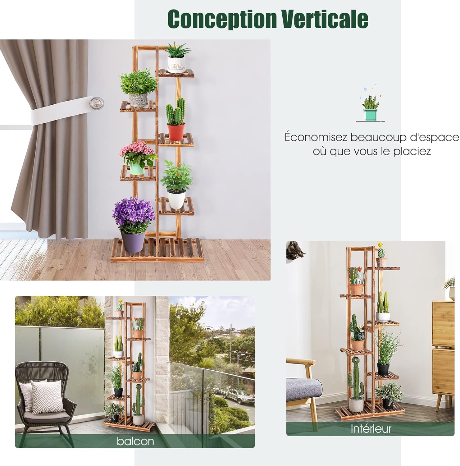 Porte-plantes à 6 Niveaux, Étagère à Fleurs en Bois de Pin, Support à Plantes pour Jardin, Balcon, Extérieur et Intérieur (6 Niveaux) - 5