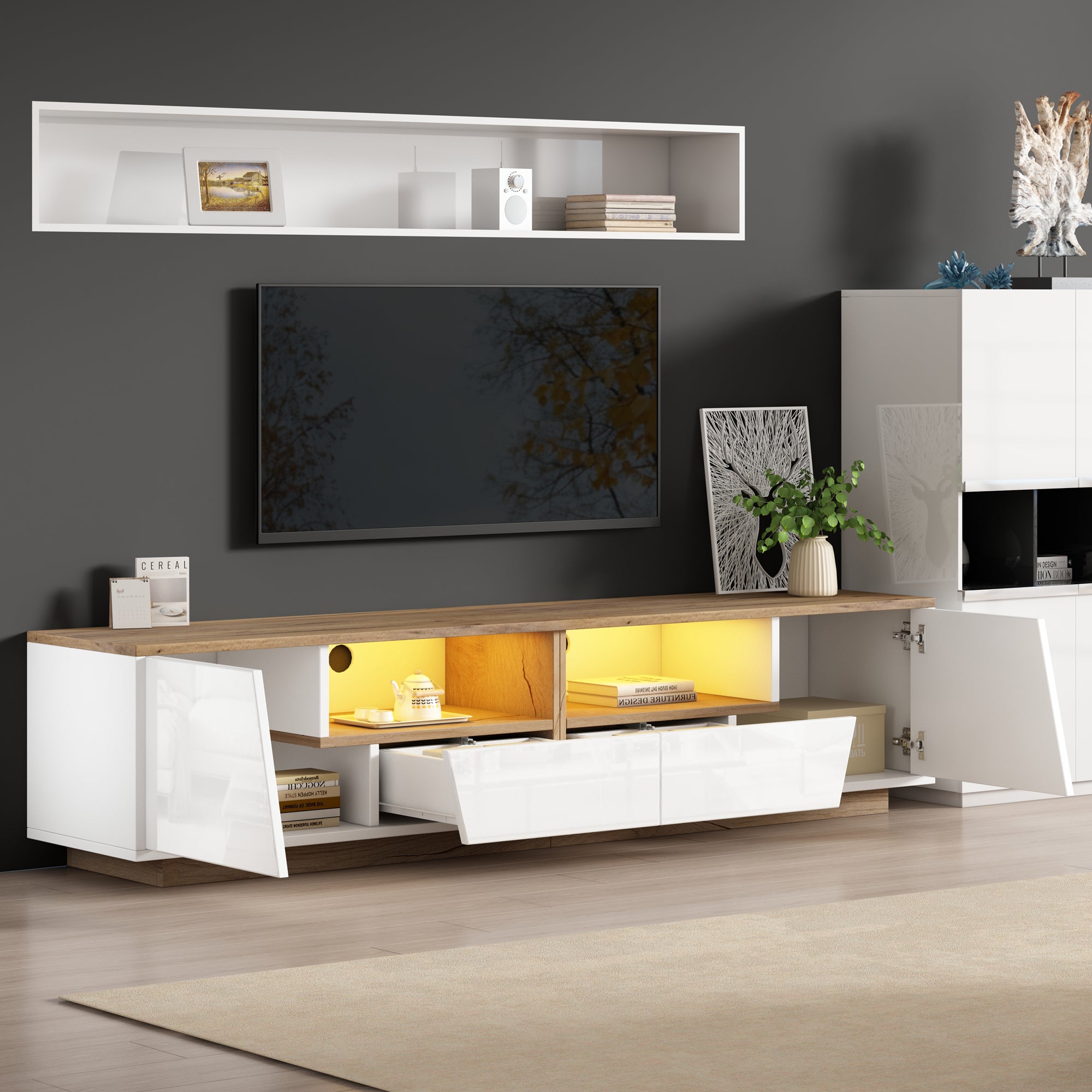 Meuble TV avec 2 portes et 2 tiroirs pour téléviseurs 75 pouces - 180 x 40 x 46 cm - Panneau de particules - Blanc + naturel - 5