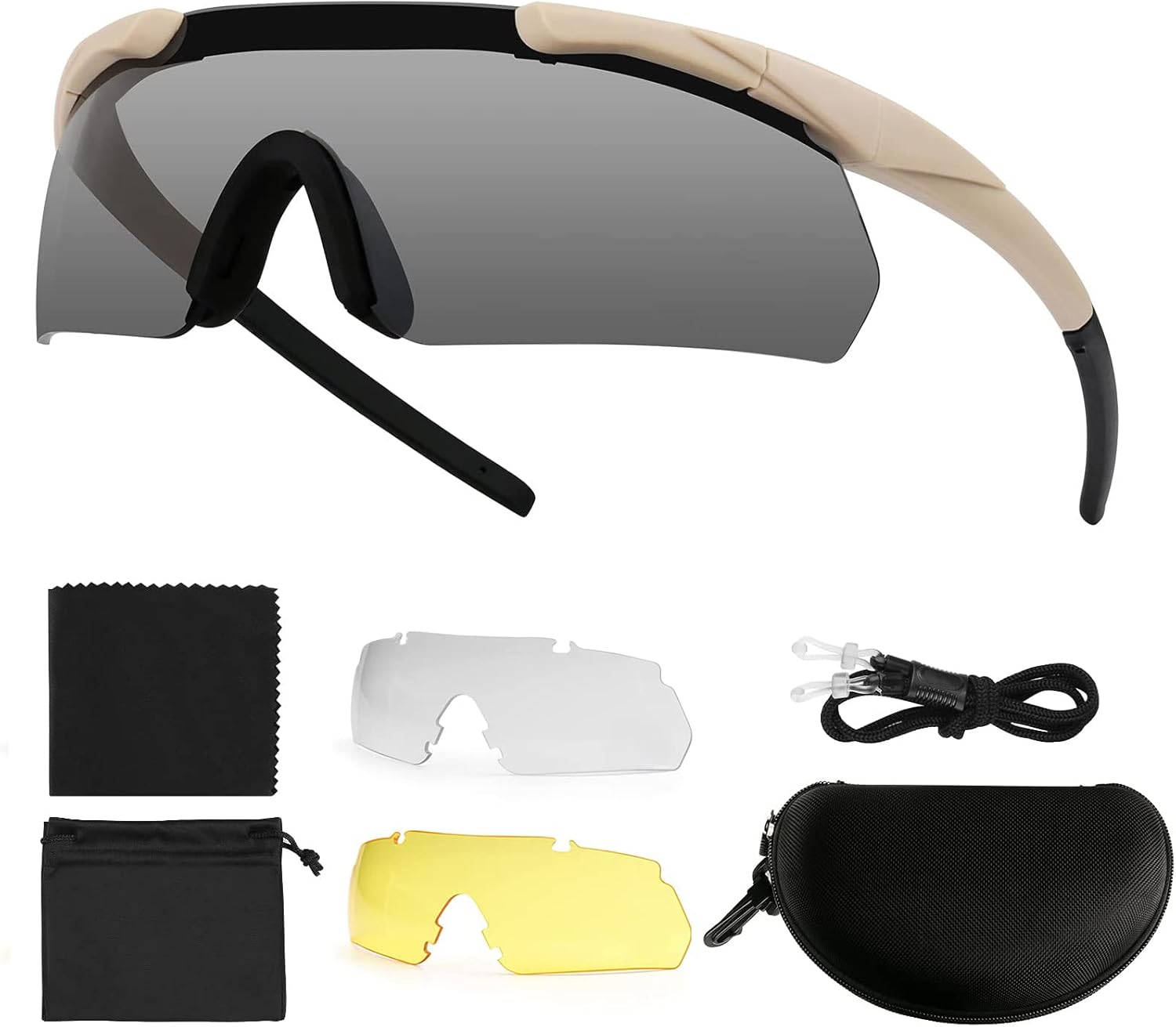 Okulary ochronne - Taktyczne okulary strzeleckie z 3 wymiennymi soczewkami - Przezroczyste i odporne na uderzenia okulary rowerowe (khaki)