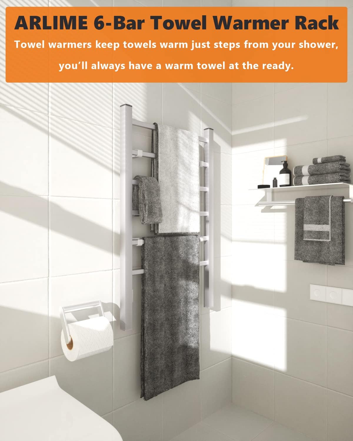 Secador de toalhas elétrico de parede e independente 2 em 1, suporte de parede e suporte de chão, temperatura da superfície 45~50 ℃ - 5