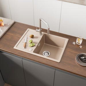 Cecipa max Evier à Encastrer 1 Bac avec Egouttoir, Evier 1 Bac Quartz et Résine, 65x45cm Evier de Cuisine en Granit (Couleur avoine),EU Modèle