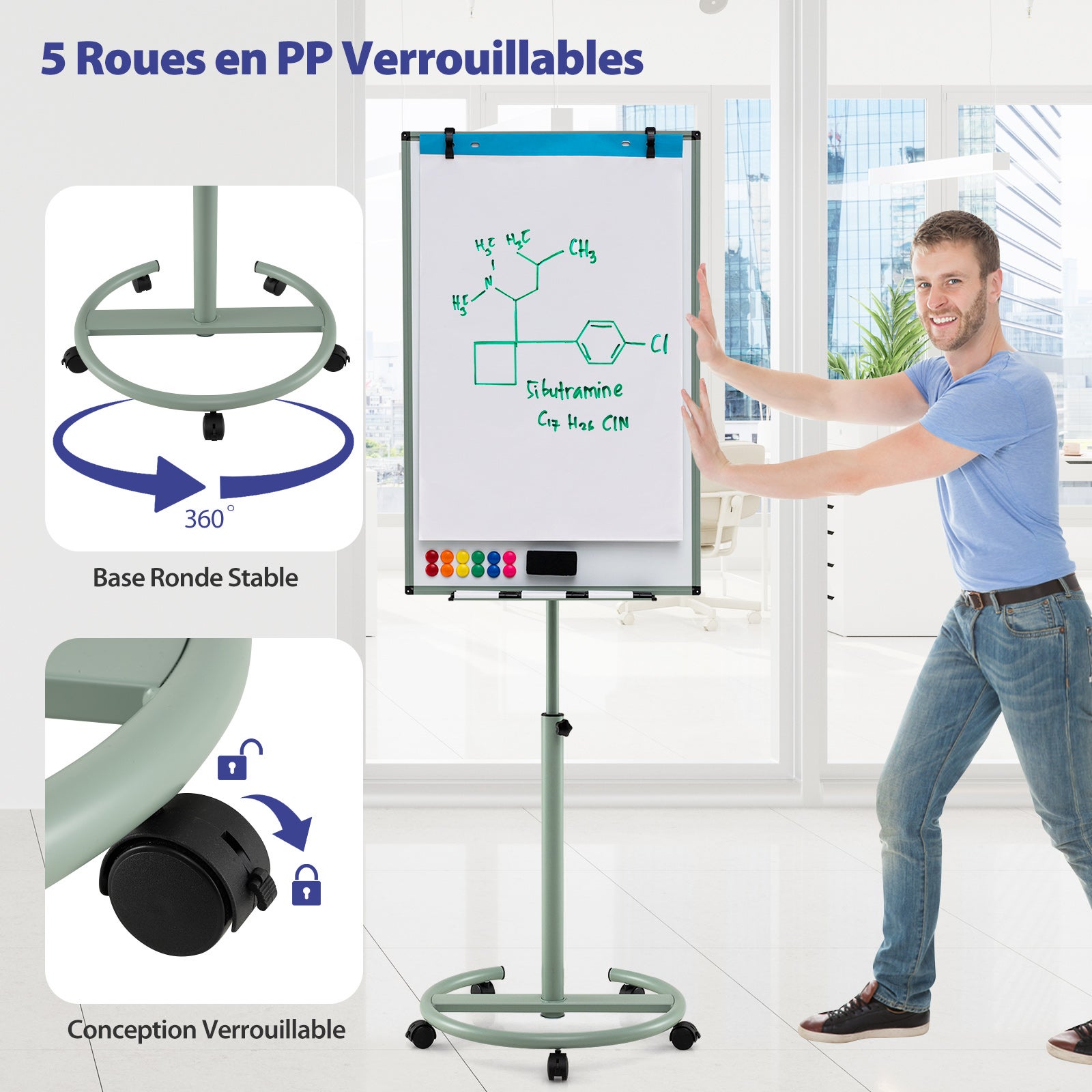 Tableau Blanc Effacable 65x100cm, Tableau Blanc Double Face, Hauteur Réglable sur 2 Positions,Tableau Magnetique Mobile (65x100cm, Vert) - 6