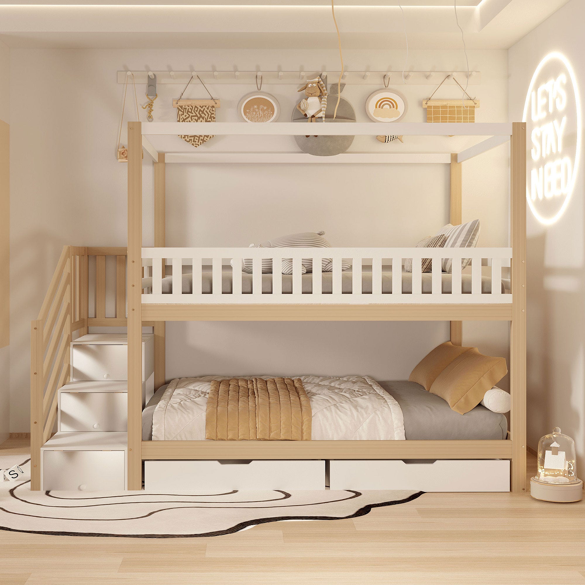 Lit superposé enfant 90x200cm (bois massif, blanc+bois original ...