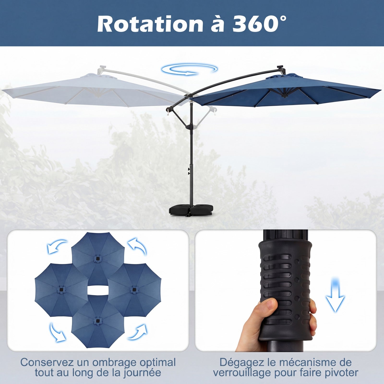 Parasol Déporté 3 x 3M, Parasol de Jardin Extérieur avec Lumière Solaire, Rotation 360°, 8 Baleines en Métal, Toit de Ventilation, 2 Sacs, Bleu - 5