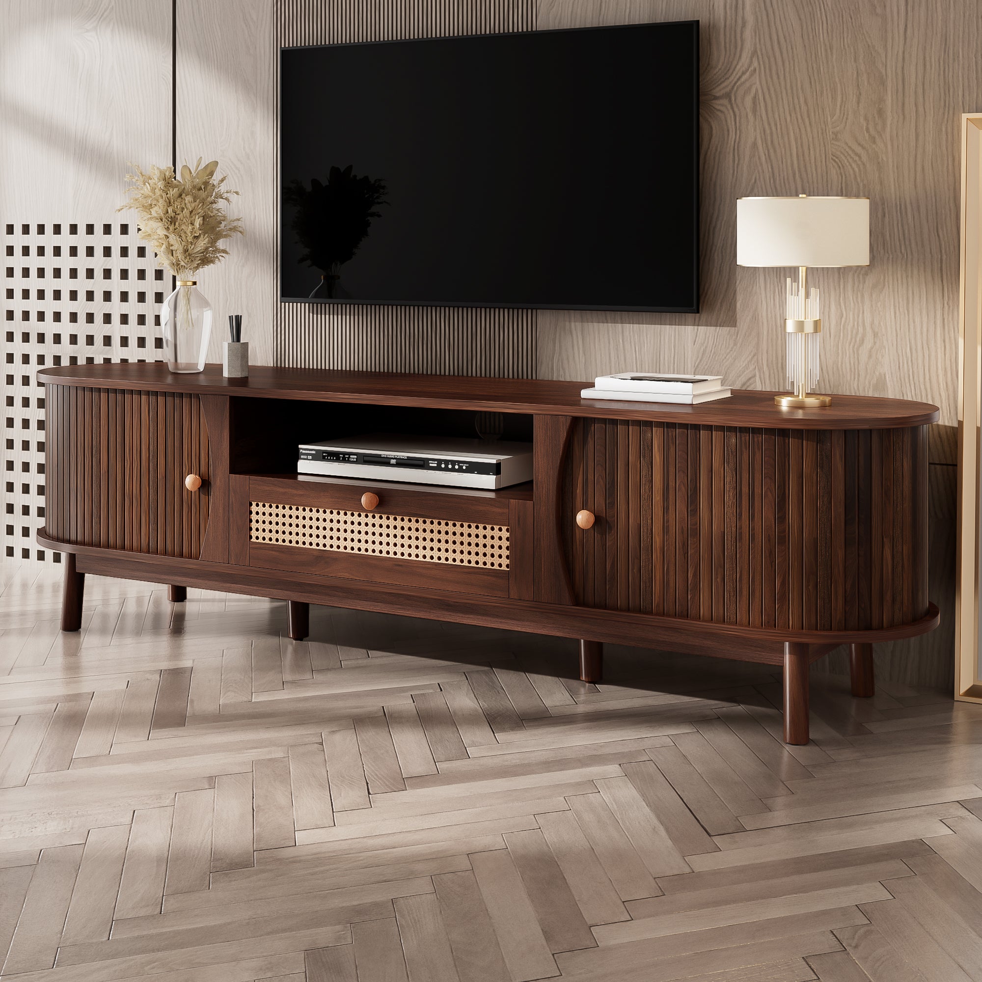 Meble TV z rattanu 165x37x46 cm - 2 drzwi i 1 szuflada z rattanu - Styl rustykalny - MDF - Brązowy