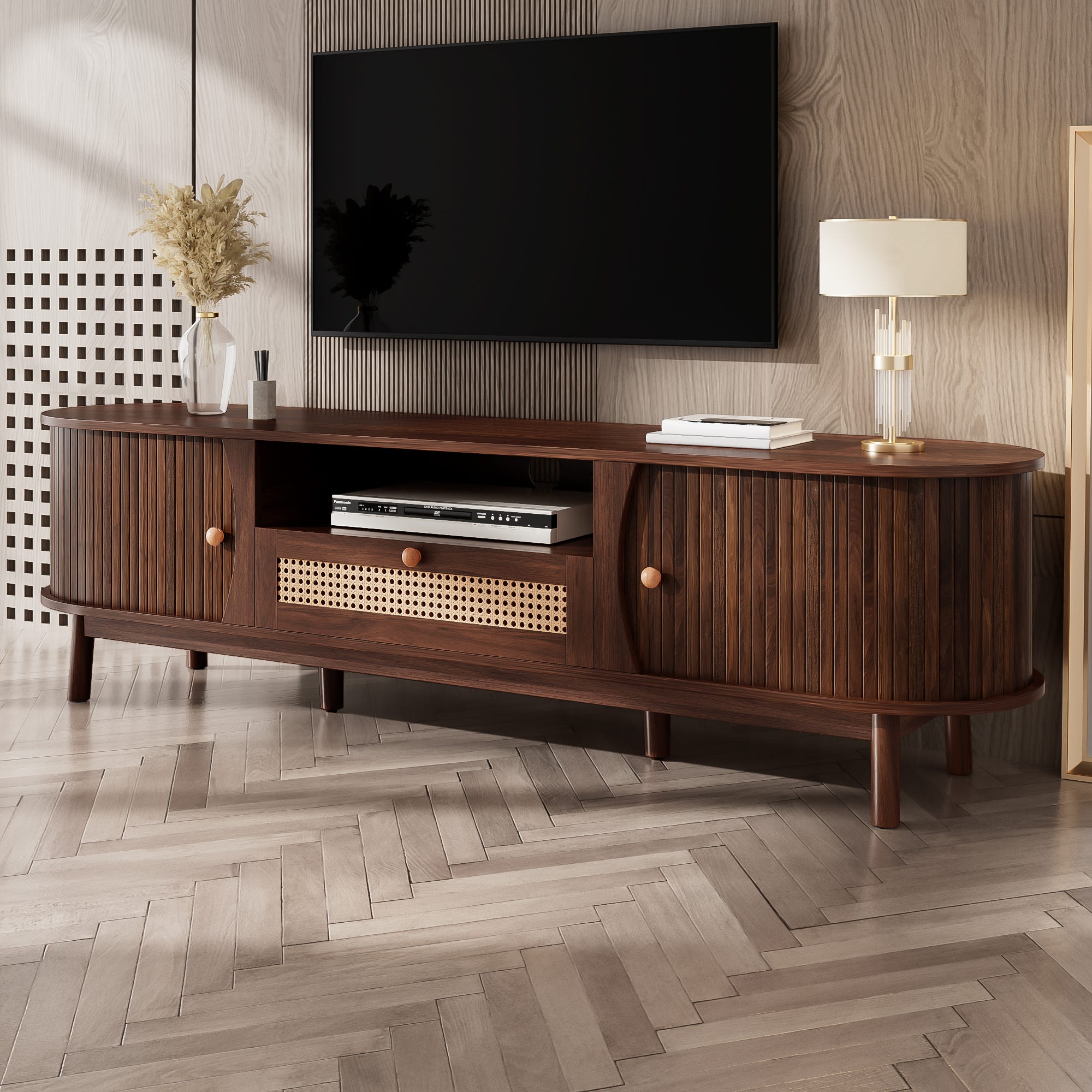 Mueble De TV Estilo Rústico Con Puertas Y Cajones - Blanco Y Madera, Con Detalles De Ratán, 170x46x39.5 Cm