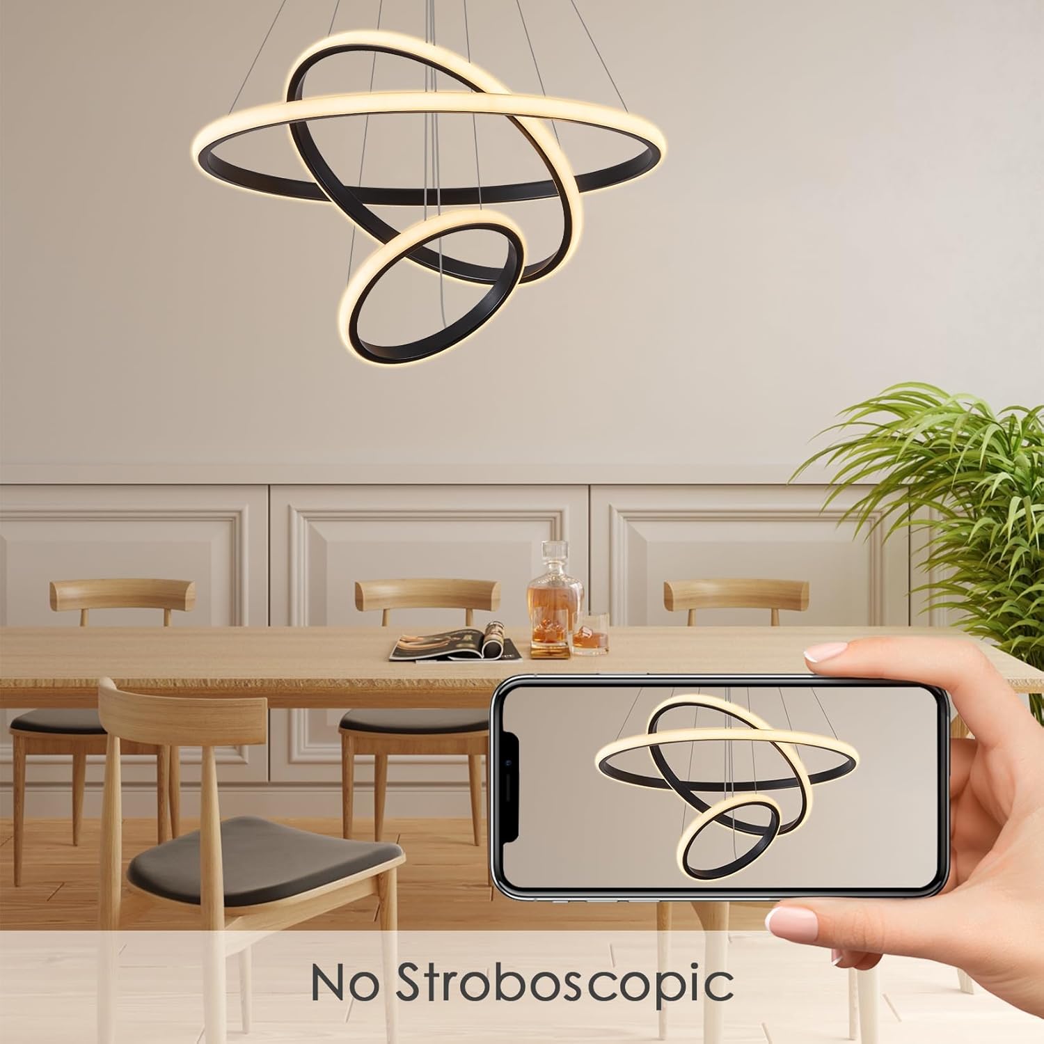 COMELY Suspension LED Moderne Spirale Noir 40W, Lustre 3 Anneaux Dimmable avec Télécommande Ø20+40+60 cm pour Salon Salle à Manger - 6