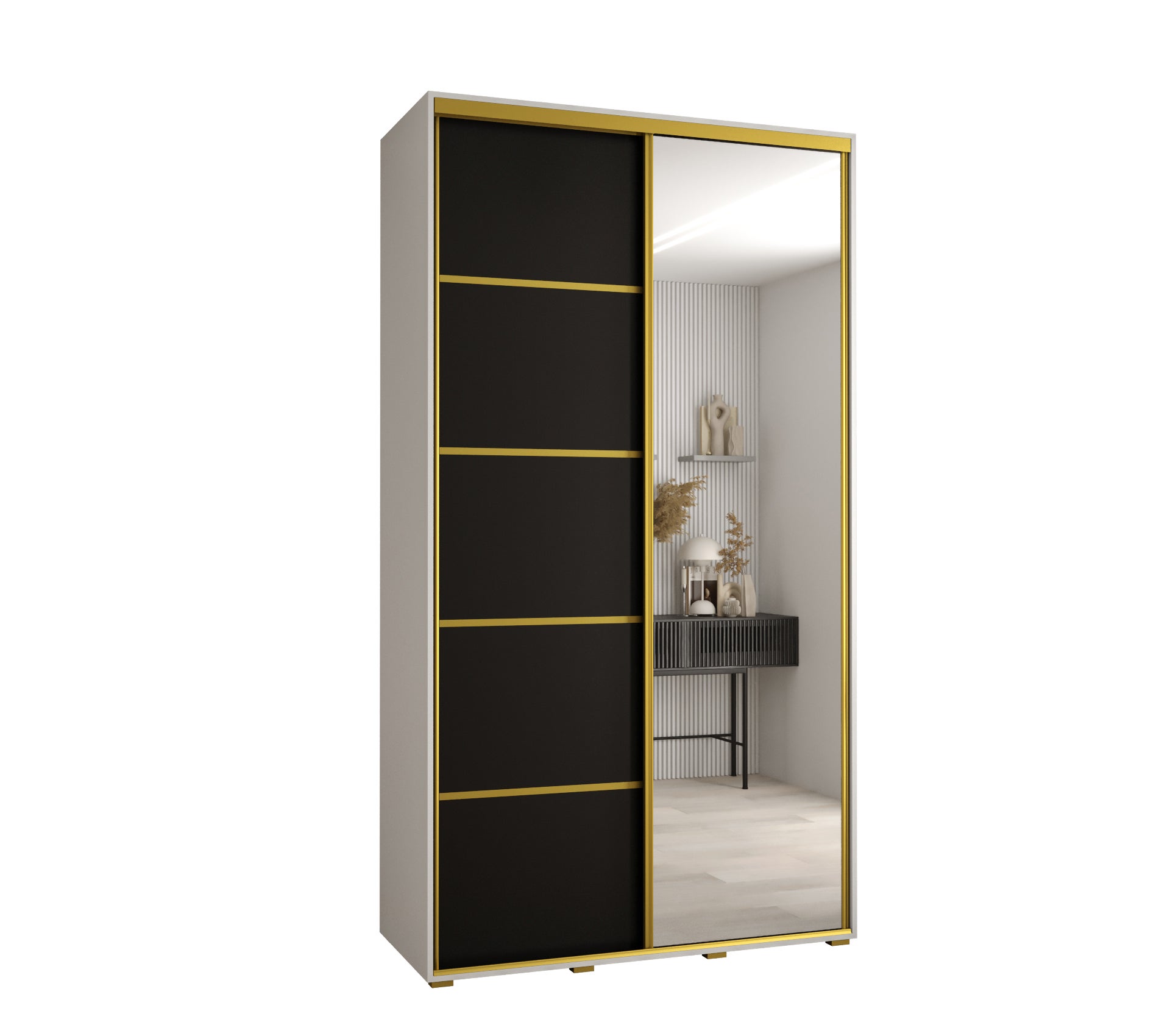 Szafa przesuwna z lustrem wysoka Davos 5 130 x 60 x 235,2 cm biały + czarny + u. złoty - Abiks Meble