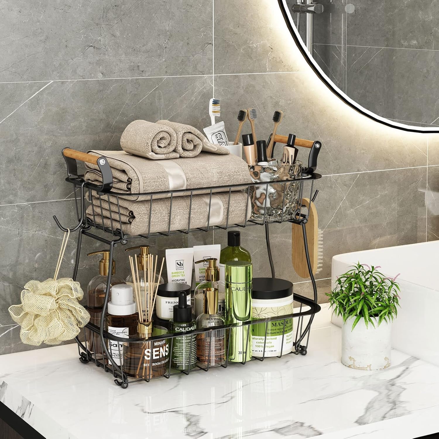 Set 4 cesti frutta 2 piani con supporto per banane, organizer metallico per frutta e verdura, ideale per cucina e conservazione - 8