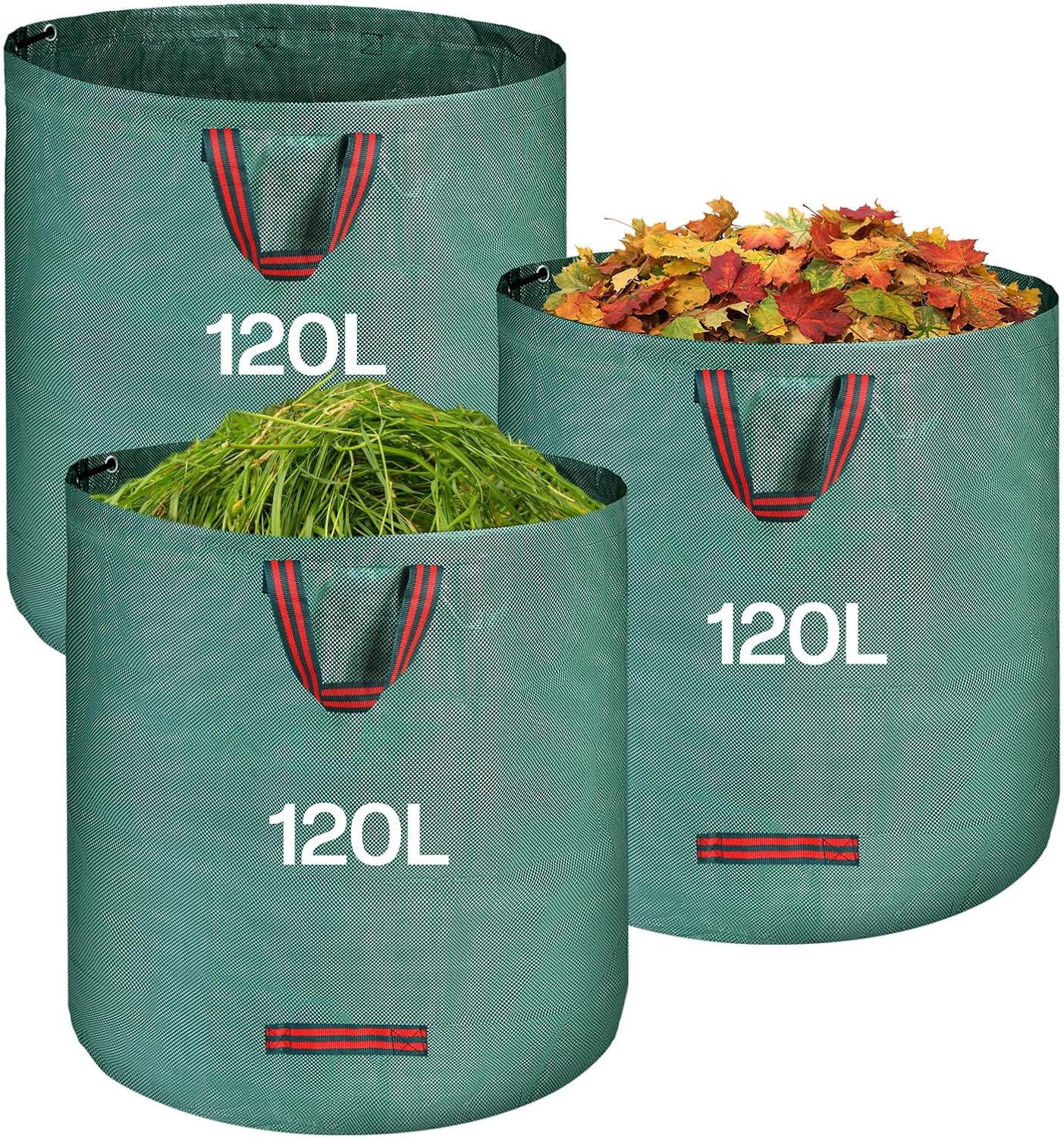 3 x 120 l worki na odpady ogrodowe – worki na odpady zielone z uchwytami, składane i wielokrotnego użytku – do zbierania opadłych liści