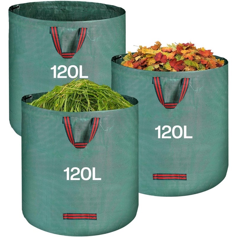 3 x 120 l worki na odpady ogrodowe – worki na odpady zielone z uchwytami, składane i wielokrotnego użytku – do zbierania opadłych liści