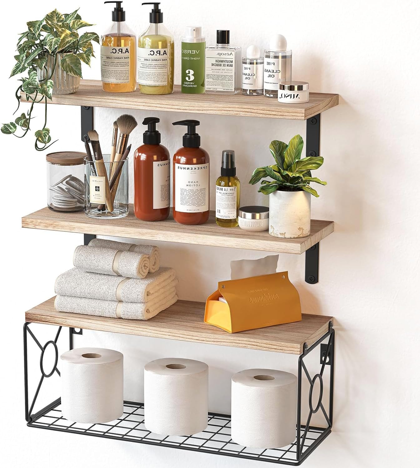 tag-re-murale-en-bois-3-pi-ces-avec-panier-de-rangement-en-fil