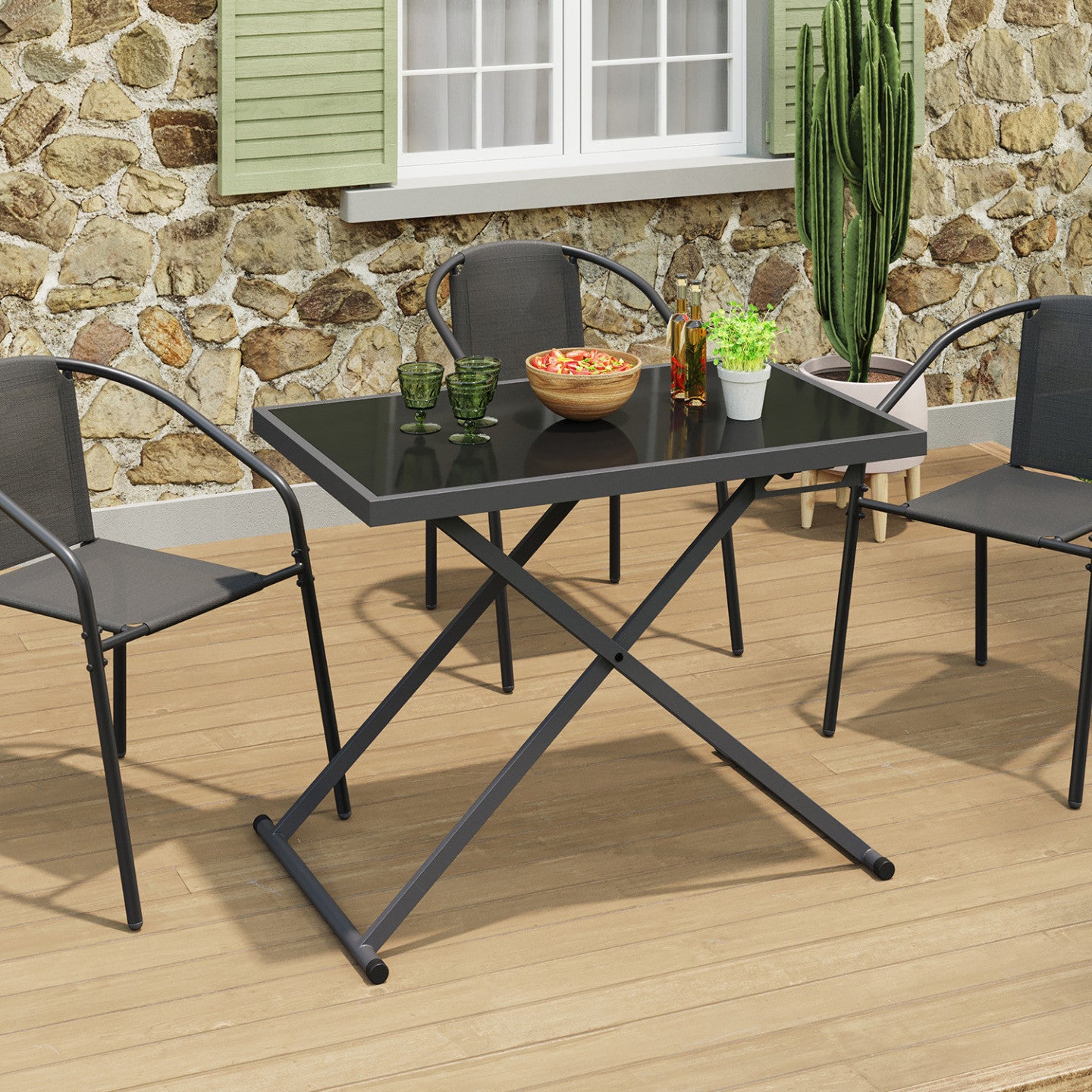 Table de jardin relevable rectangulaire 100 cm OLIE en métal gris anthracite et plateau verre gris - 3