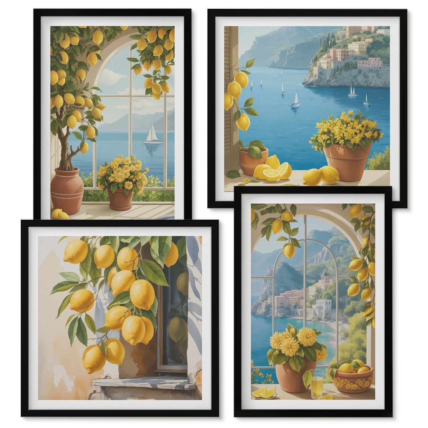 Ensemble de 4 tableaux encadrés | Paysages marins avec des citrons ...