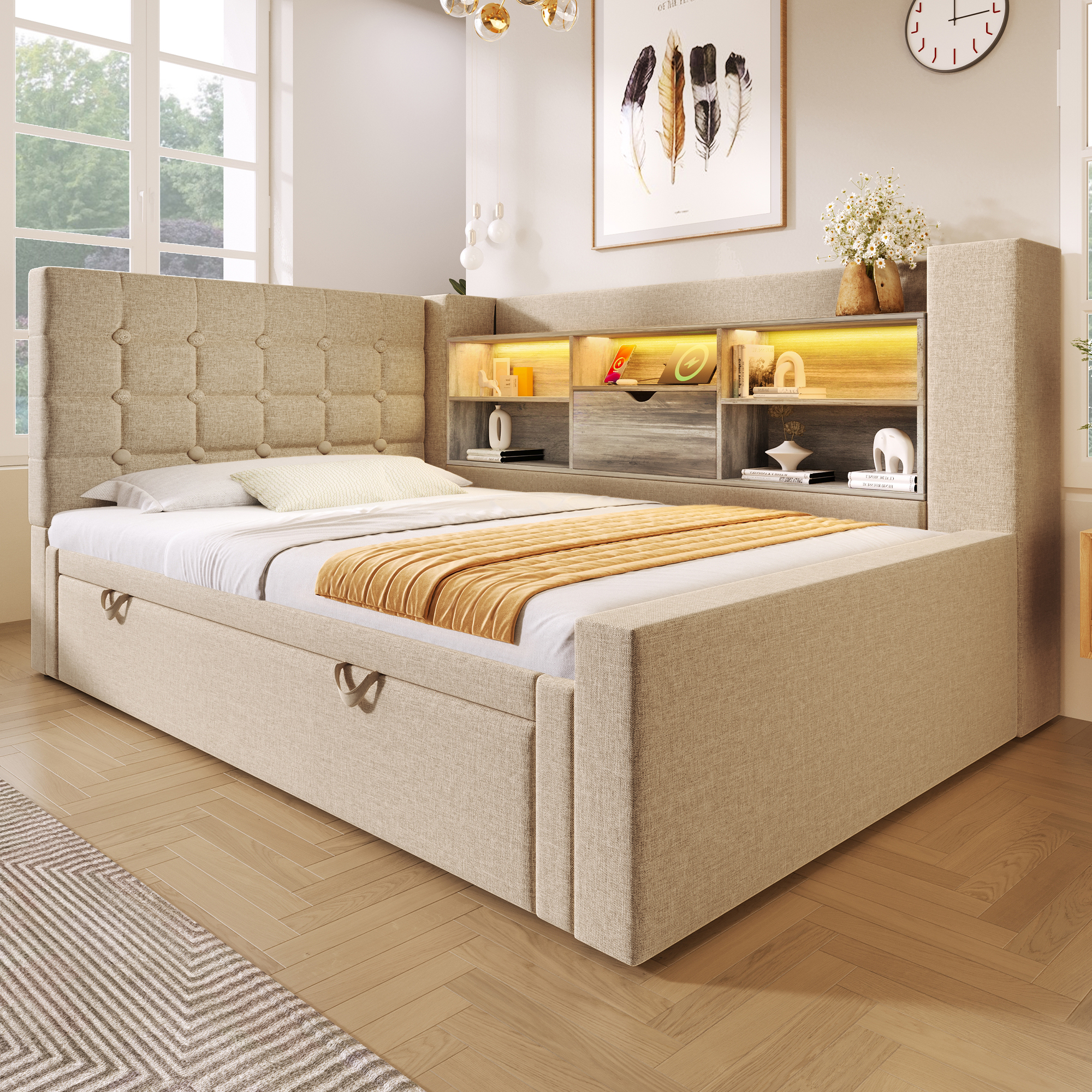 Rozkładana sofa 90x200cm - Z wysuwanym łóżkiem - z oświetleniem LED i miejscem do przechowywania - z USB - tkanina lniana - beżowy​