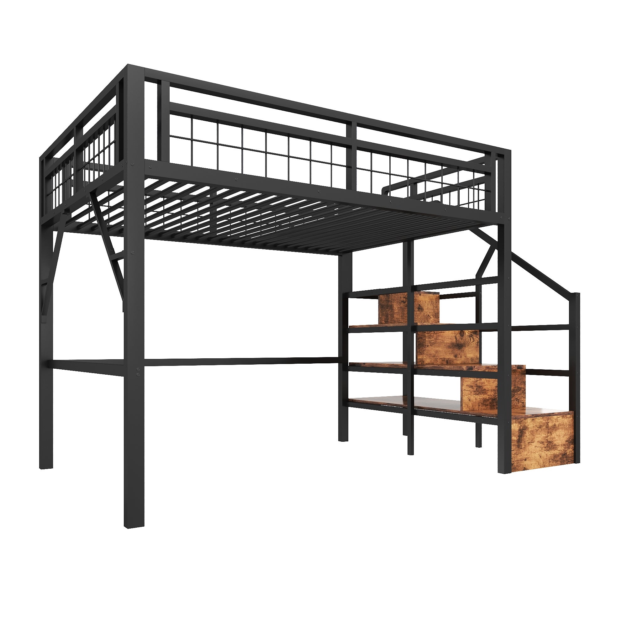 Lit mezzanine 140 x 200 cm cadre métal avec éclairage LED, escalier avec rangement intégré, espace libre aménageable dessous, sans matelas, noir - 9