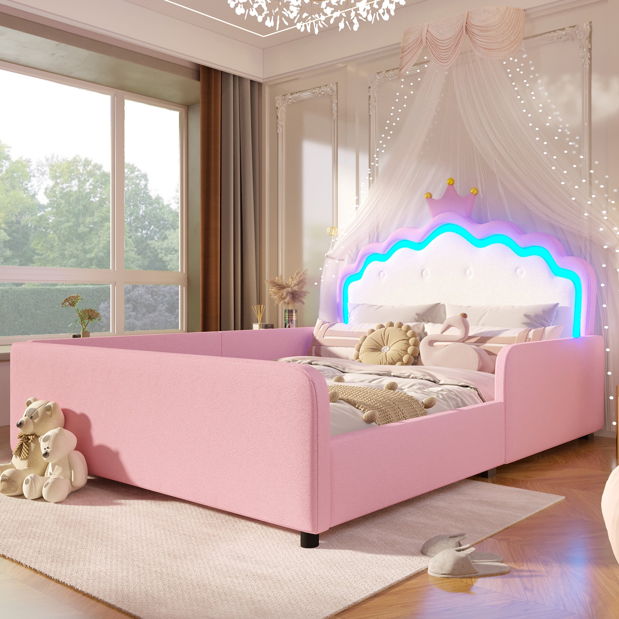 Lit enfant 140×190 cm avec lumière LED, Lit double rembourré,avec tête de lit princesse en forme de couronne, Tissu PU,Rose(matelas non inclus) - 2