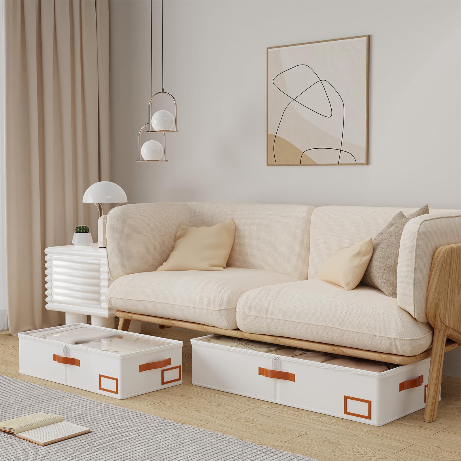 2 Pcs Bacs de Rangement Sous Le Lit, Sac à Vêtements Pliable, Fenêtre Transparent et Fermeture éclair, pour la Literie, 80x40x15cm, Beige - 2