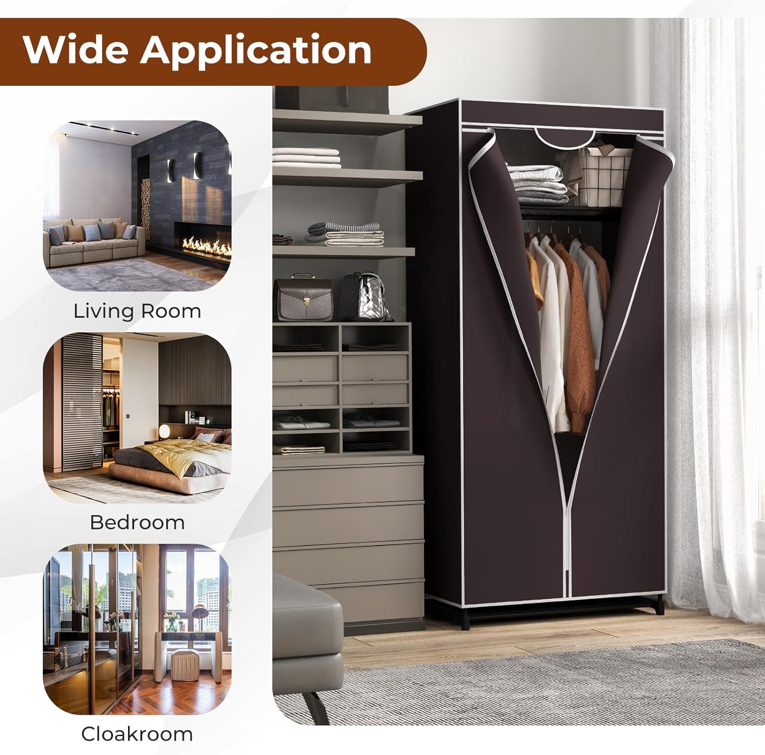 Pendrie en Tissu avec Housse- 74 x 50 x 172CM- 3 Parties d'espace de Stockage-Armoire de Vêtements Imperméable，Café - 3