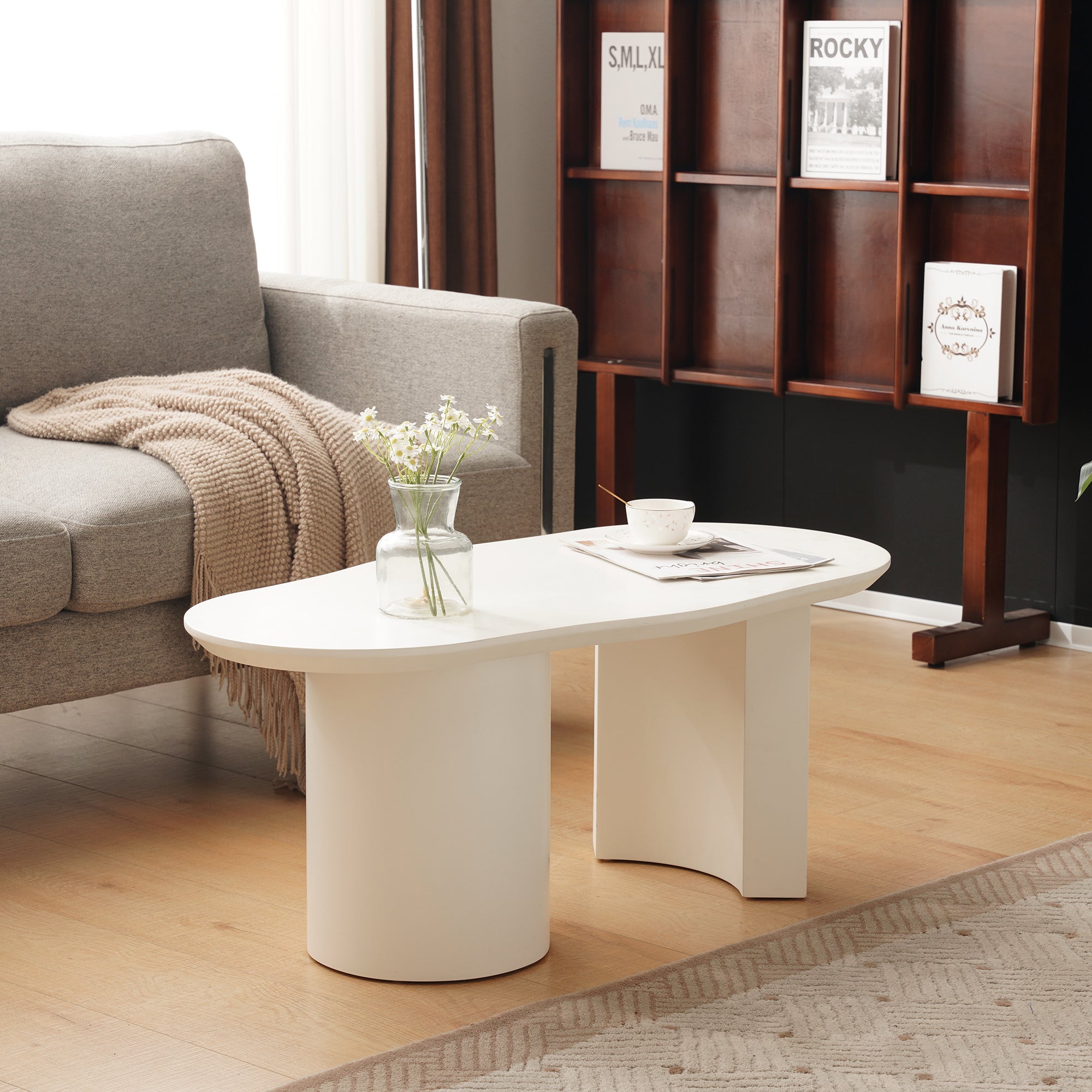 Table basse L 100cm - avec plateau incurvé irrégulier et élégant - Blanc - 2