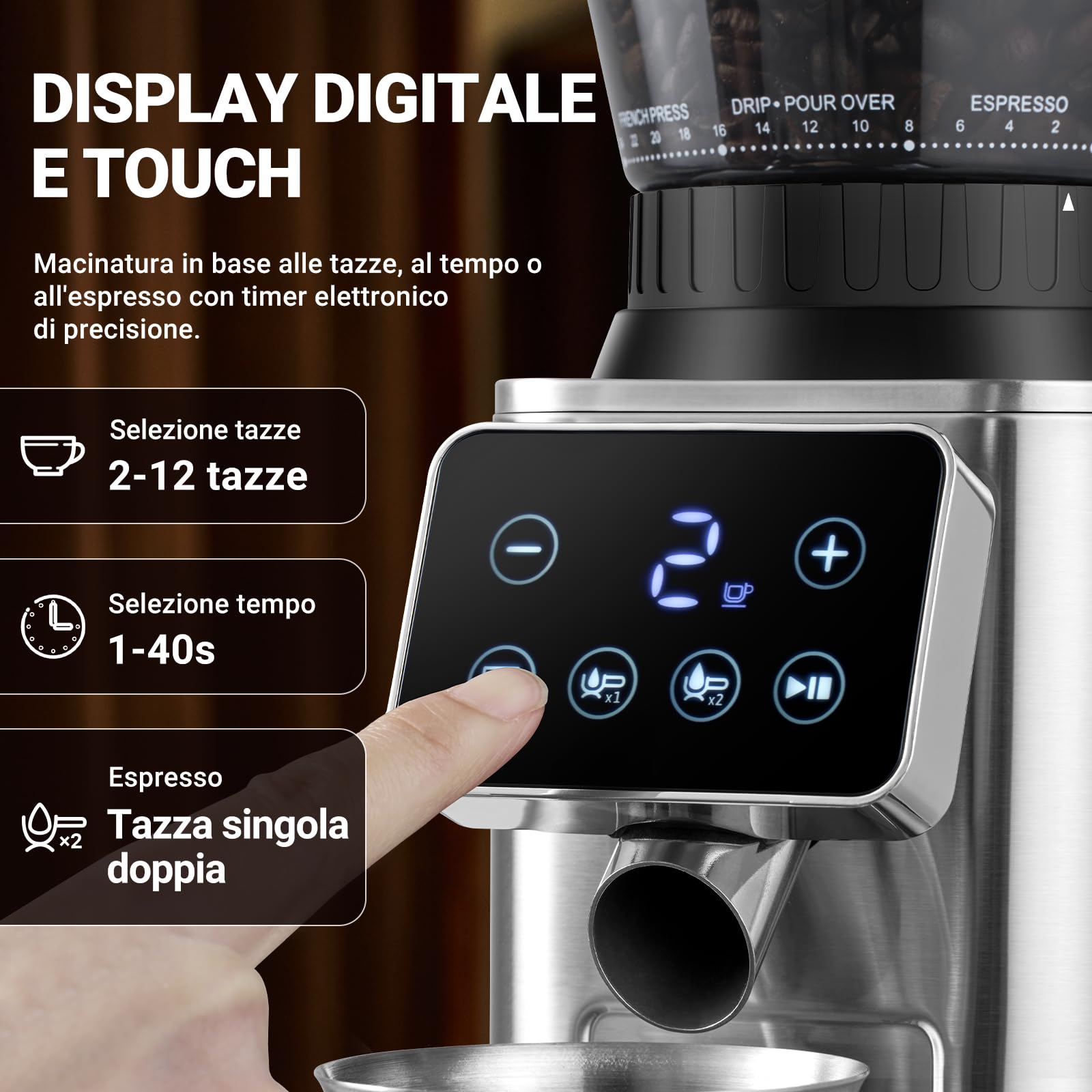 AMZCHEF Macina Caffe Elettrico con Supporto Staccabile e Contenitore | Pannello Touch LCD | 24 Impostazioni Macinatura Regolabile Macina Caffe per Esp - 4