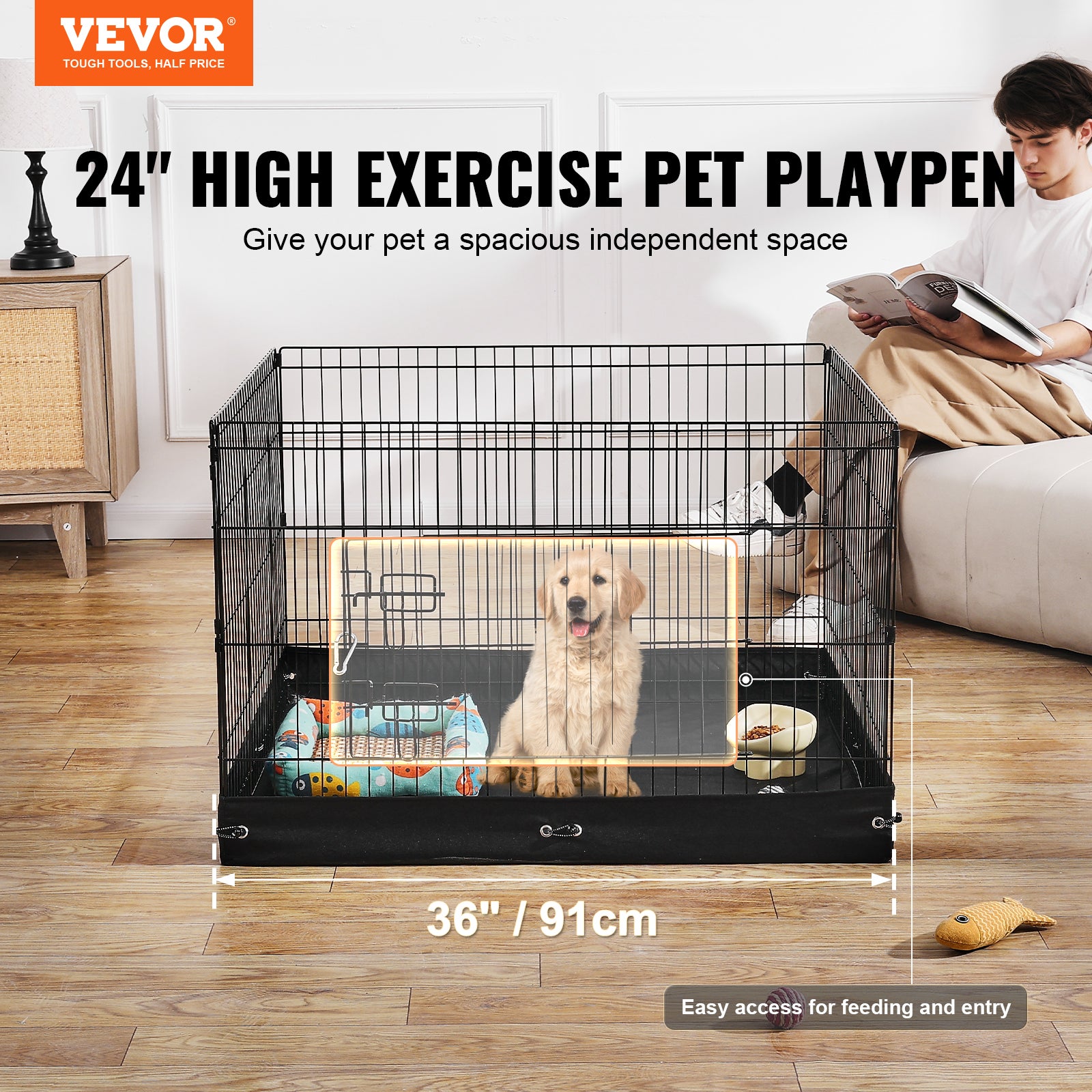 Cerca para Cão VEVOR 91x91x61 cm,Plegável 4 Painéis Metálicos com Porta,Tapete em Tecido Oxford 600D,para Pequenos Animais,Interior/Exterior - 2