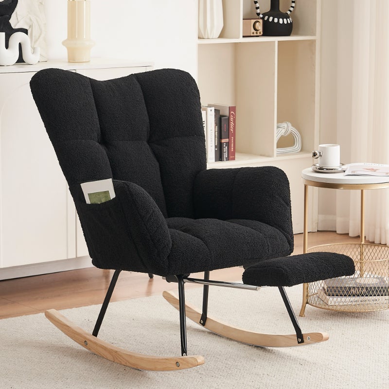 Fotel bujany tapicerowany tkaniną Teddy, chowany podnóżek, nowoczesny design, 80*98,5*98 cm