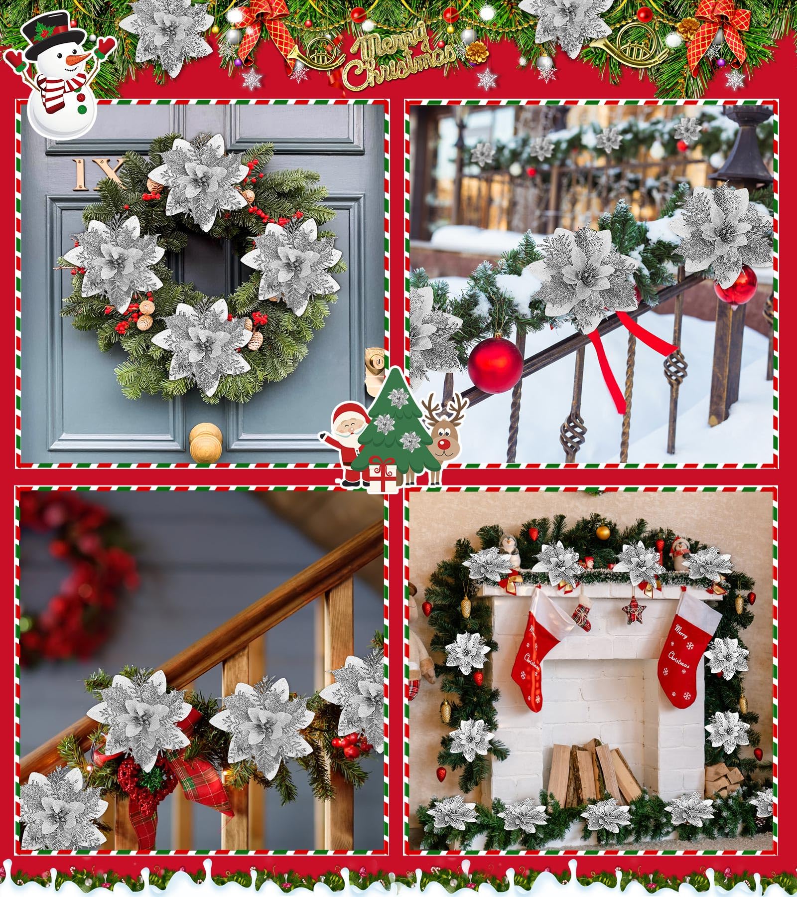 10 pièces décorations de noël, fleurs de noël artificielles avec clips, guirlande d'arbre de noël scintillante pendentifs de fleurs artificielles - 6