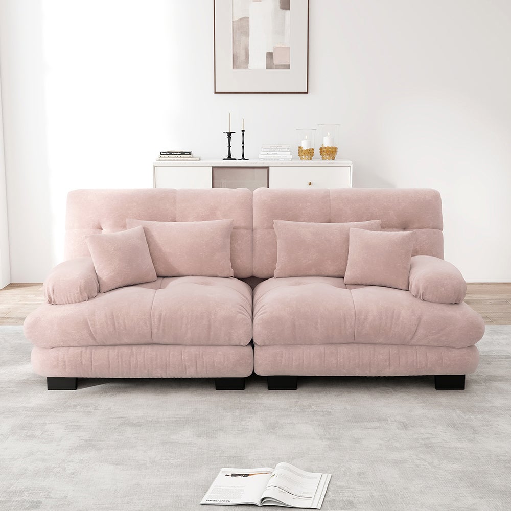 Canapé d'angle Cloud double chenille, 2 coussins lombaires + 2 décoratifs, structure bois, rose. - 2