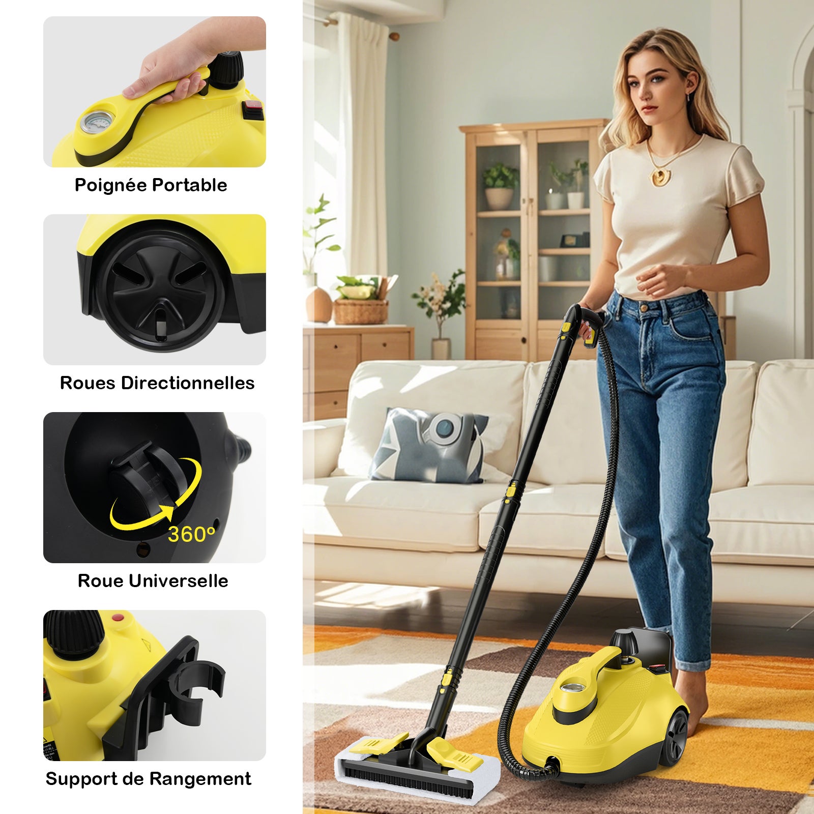 Limpador a vapor com conjunto de 15 acessórios, vaporizador com reservatório de 1,9 L, rodas e bloqueio de segurança, (amarelo) - 5